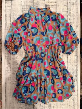 Women’s Puff-Sleeve Dress with Pockets in Multi Leopard Print